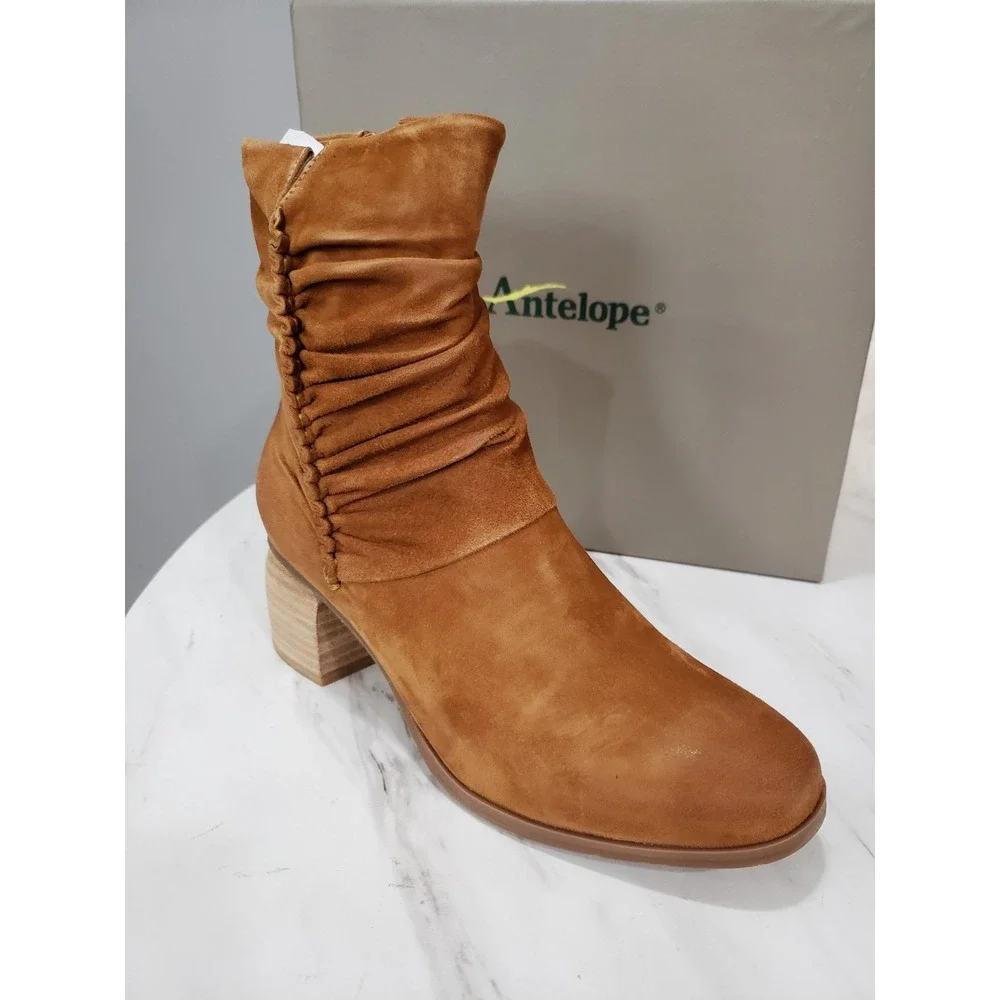 NEW Antelope Nona Cognac Brown Suede Ankle Boots Ruched Old Money prep academia